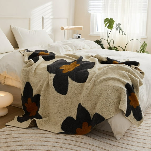 YIRUIO Cute Large Floral Knitted Flower Pattern Soft Cozy Fluffy Adult Throw Blanket Gray 59*47 Inch 2LB