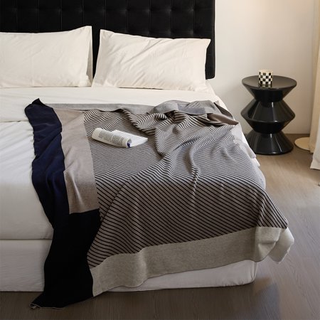 YIRUIO Delicate Knitted Plaid Stripe Contrast Color Wool Chic Throw Bed Sofa Blanket Navy