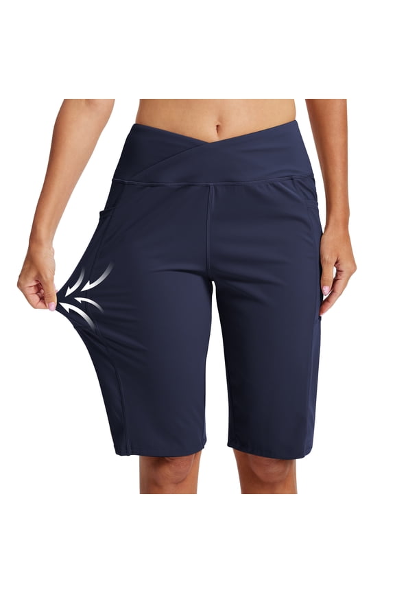 Women's 12" Bermuda Long Cross-over High Waist Shorts with Pockets Workout Athletic Running Shorts