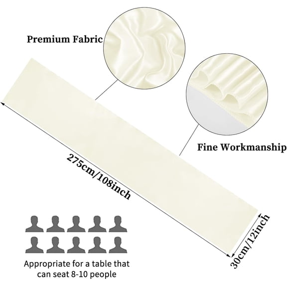 YISIGE-10-Pack Ivory 12 x 108 inches Long Premium Satin Table Runner for Wedding, Decorations for Birthday Parties, Banquets, Graduations, Engagements, Table Runners fit Rectange and Round Table