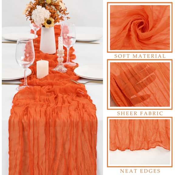 YISIGE-10FT Orange Cheesecloth Table Runner Boho Gauze Fabric Runner for Tables Rustic Sheer Runner for Wedding Bridal Shower Birthday Holiday Party Cake Table Arbor Decor (35 x 120 Inches Long)