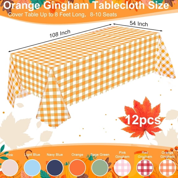 YISIGE-12 Pack Orange Gingham Tablecloth, 54 X 108Inch Plastic Orange Checkered Table Cloth Disposable Scalloped Tablecloths Waterproof Plaid Table Cover for Picnic Wedding Birthday Outdoors Party