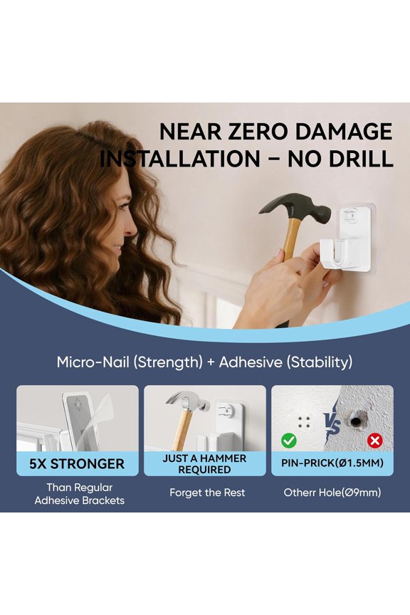 -2.0 Upgraded No-Drill Curtain Rod for Windows 28 to 48 inches  Renter-Friendly Adhesive & Pin-Nail Mount, 5/8" White Adjustable Rod, Minimal Wall Damage