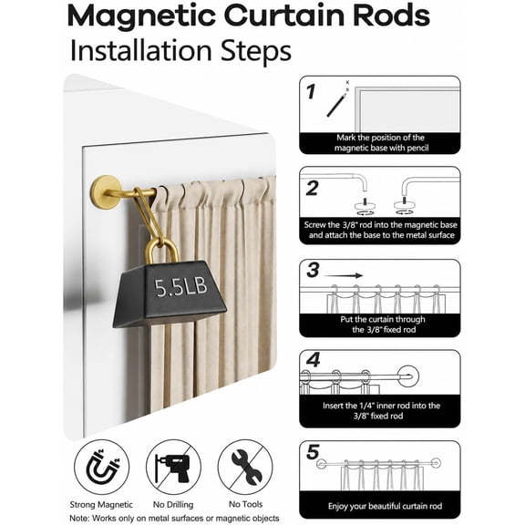 YISIGE-2 Pack Magnetic Curtain Rods for Metal Door, Adjustable 18 to 30 Inch Rod for French Doors, 3/8 Inch Diameter Magnet Rods Appliances for Window Cafe(Gold, 2Pack)