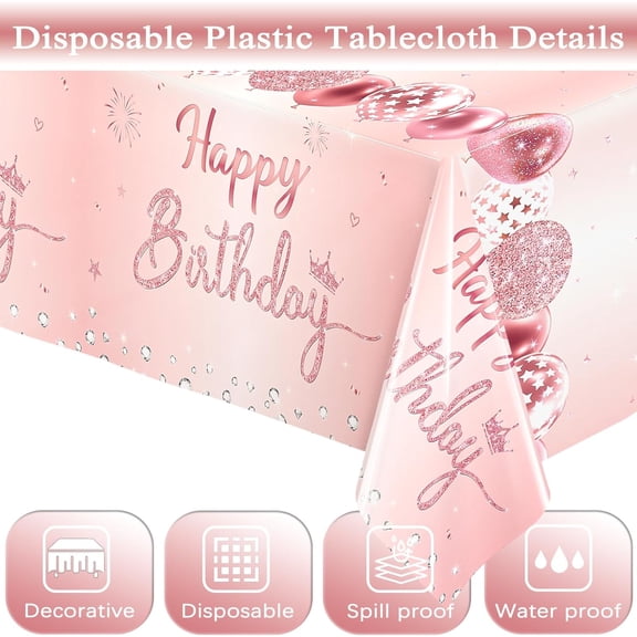 YISIGE-2 Pack Pink & Rose Gold Happy Birthday Tablecloths, Disposable Plastic Rectangular Table Covers for 6th 21st 30th 40th 50th Women Girls Birthday Party 54 x 108 Inches