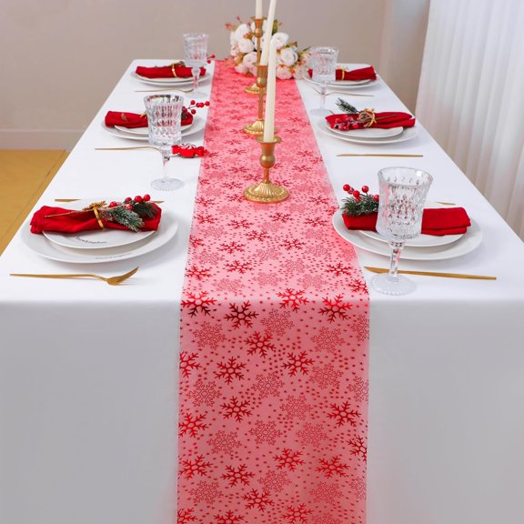 YISIGE-2 Pcs Christmas Red Snowflake Table Runner 108 Inch Sparkly Red Foil Glitter Metallic Mesh Runners Dining Kitchen Table Decorations for Seasonal Winter Xmas Festival Holiday Home Party