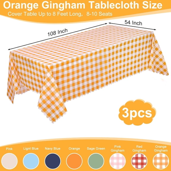 YISIGE-3 Pack Orange Gingham Tablecloth, 54 X 108Inch Plastic Orange Checkered Table Cloth Disposable Scalloped Tablecloths Waterproof Plaid Table Cover for Picnic Wedding Birthday Outdoors Party
