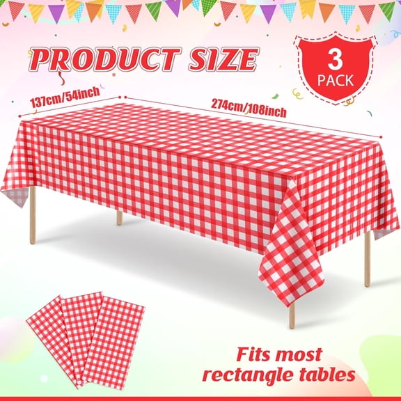 YISIGE-3Pcs Red and White Checkered Tablecloth Decorations, Disposable Plastic Red Gingham Tablecloth Buffalo Plaid Table Cover for Picnic Pizza Party Bridal Wedding Birthday Party Supplies,54 x 108