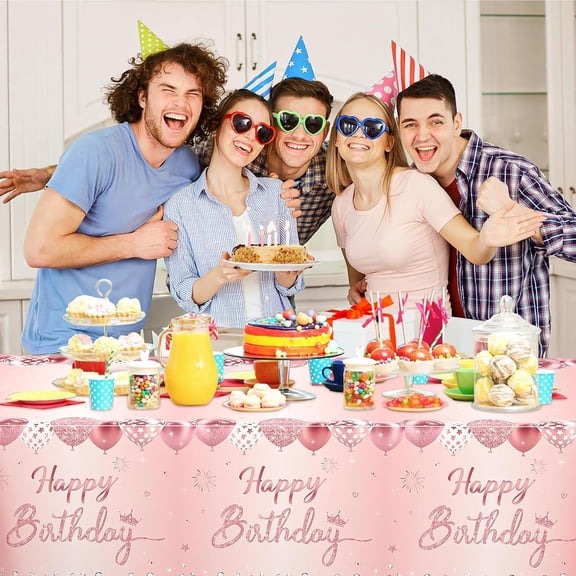 YISIGE-4 Pack Pink & Rose Gold Happy Birthday Tablecloths, Disposable Plastic Rectangular Table Covers for 6th 21st 30th 40th 50th Women Girls Birthday Party 54 x 108 Inches