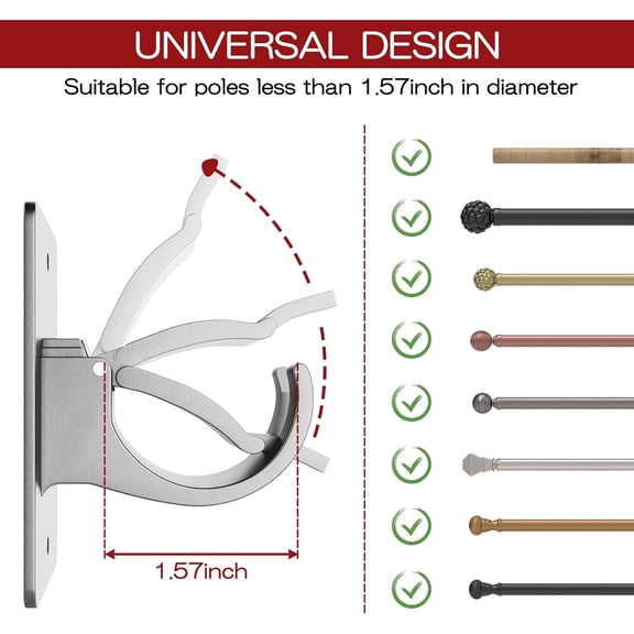 YISIGE-4PCS No Drill Curtain Brackets, Self-Adhesive Rods, Nail Free Adjustable Holders, Hooks for Rods Under 1.57 Inch (Silver)