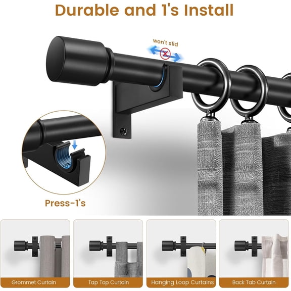 YISIGE-Black Aluminium Curtain Rods for Windows,1 Inch Adjustable Curtain Rod 48-84,Heavy Duty Drapery Rods with Thicken Bracket,Decorative Modern Single Rod with Aluminium Finials