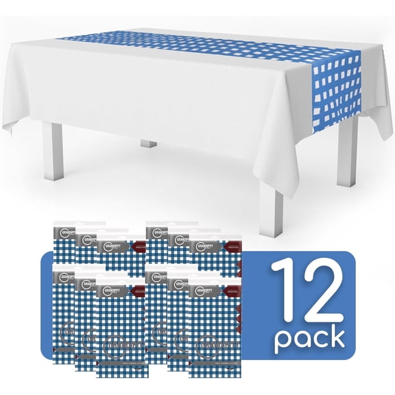 YISIGE-Blue Gingham 12 Pack Checkered Premium Disposable Plastic Table Runner 14 x 108 Inch. Table Runner for Dinner Parties & Events by