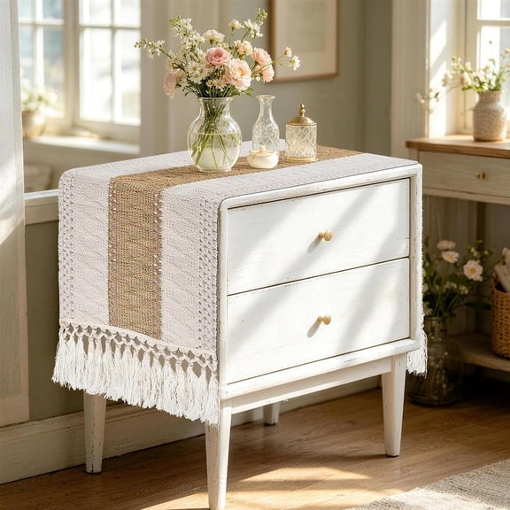 YISIGE-Boho Coffee Table Runner 48 Inch, Farmhouse Burlap Dresser Runner Scarf, Rustic Macrame Runner for Round Table, TV Stand, Entryway Console, Neutral Decor