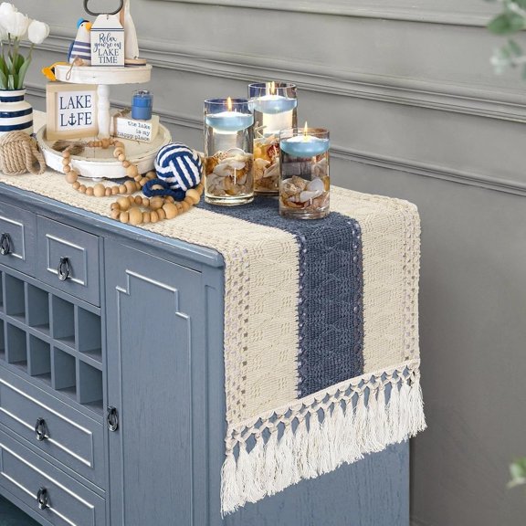 YISIGE-Boho Macrame Dresser Runner, Navy Blue Coffee Table Runner Short, Rustic Summer Coastal Table Runner Farmhouse Style for Nightstand, End Table, Desk Table, Bohemian Dresser Decor, 48 Inches L