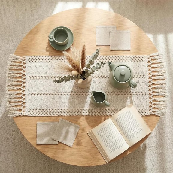 YISIGE-Boho Table Runner 36 Inches, Small Macrame Cream Coffee Table Runner Short, Dresser Scarf for Spring Decor, Nightstand, End Table, Desk