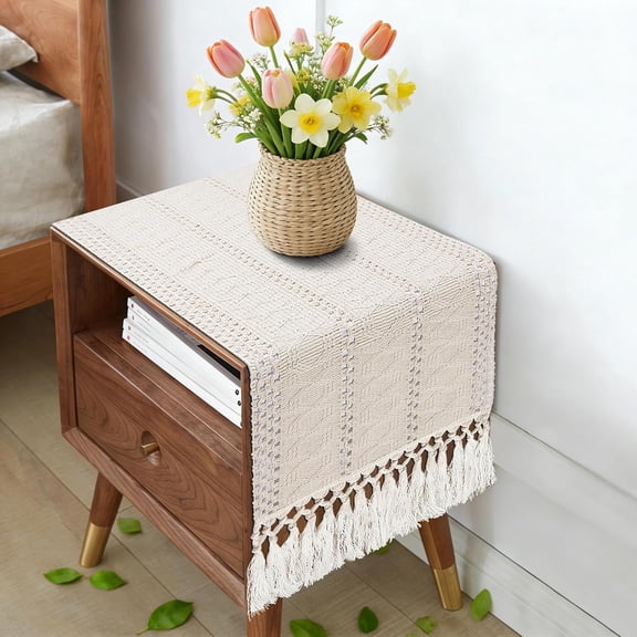 YISIGE-Boho Table Runner Short, Dresser Runner Cover Top, Beige Macrame Coffee Table Runners for Living Room Kitchen, Nightstand, End Table, Farmhouse Spring Dresser Decor, 48 Inches Long