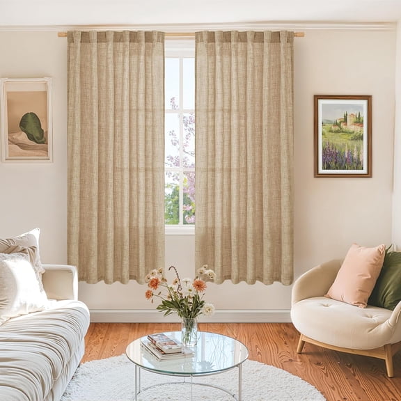 YISIGE-Burlap Linen Curtains 63 Inch Length 2 Panels, Back Tab and Rod Pocket Semi Sheer Textured Window Drapes Light Filtering for Bedroom Farmhouse Living Room Privacy, 52 Inch Wide Each Panel