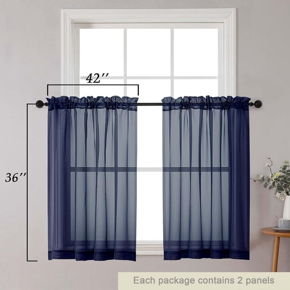 YISIGE-Cafe Curtains 36 Inch Length Tier 2 Pieces, Modern Soft Airy Sheer Kitchen Short Curtains for Small Window, Rod Pocket Small Curtain for Bathroom Basement, Navy Blue, Each, 42"Wx36"L Inches