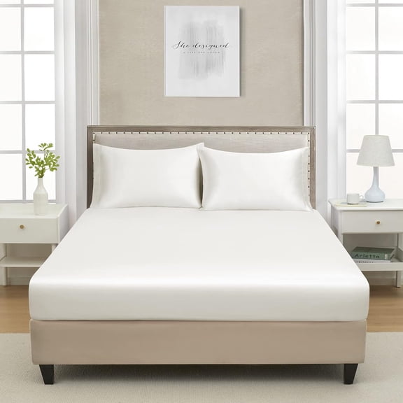 YISIGE-California King Silk Satin Fitted Sheet, Soft Deep Pocket Single Bottom Bed Sheets Sold Separately, Wrinkle Free, Non- Fading, Breathable, Fully Elasticized(Cal King Size, Ivory White)