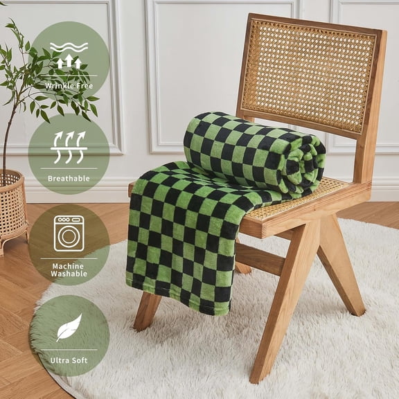 YISIGE-Checkered Flannel Fleece Throw Blanket Soft Cozy Checkerboard Grid Print Chessboard Gingham Pattern Blankets for Bed Couch Sofa, 50"x60", Black Green