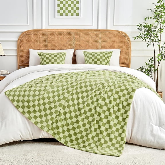 YISIGE-Checkered Flannel Fleece Throw Blanket Soft Cozy Checkerboard Grid Print Chessboard Gingham Pattern Blankets for Bed Couch Sofa, 50"x60", Sage Green