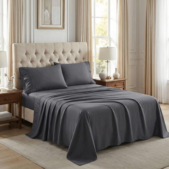 YISIGE-Dark Grey Full Sheet Set - Refined Pleated, Soft Cooling 4 Piece Bedding, Breathable, Easy Care, 14" Deep Pocket