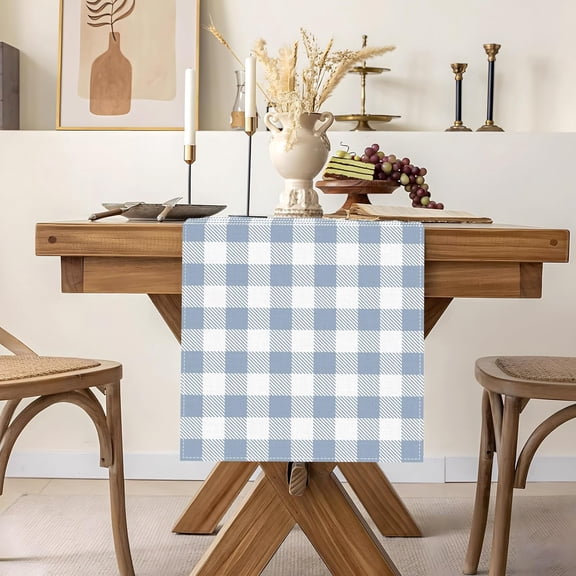 YISIGE-Dusty Blue and White Checkered Table Runner Classic Gingham Plaid Spring Birthday Party Decoration Home Kitchen Dining Room Table Decor (Dusty Blue, 13" x 72")