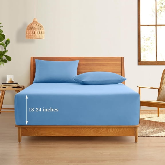 YISIGE-Extra Deep Pocket Queen Fitted Sheet Only - Fits Up to 24 Inch Mattress - Luxury 1800 Thread Count - Microfiber Blue Fitted Bed Sheet Queen Size