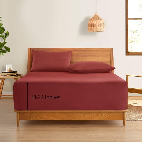 YISIGE-Extra Deep Pocket Queen Fitted Sheet Only - Fits Up to 24 Inch Mattress - Luxury 1800 Thread Count - Microfiber Rust Fitted Bed Sheet Queen Size