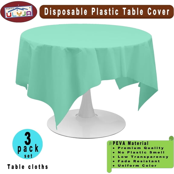 YISIGE-Fresh Mint Tablecloths Plastic 3 Pack Premium 84 Inches Disposable Table Covers Decorative Table Cloths for Round Dinning Kitchen Tables