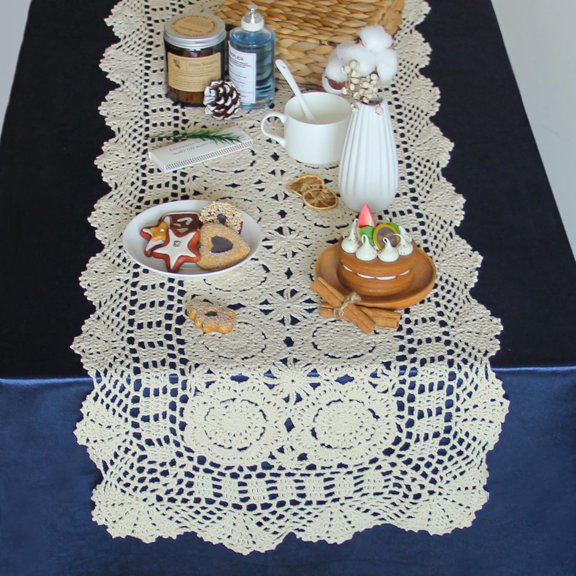 YISIGE-Handmade Crochet Lace Rectangular Table Runner 15 x 51 Inch, Beige