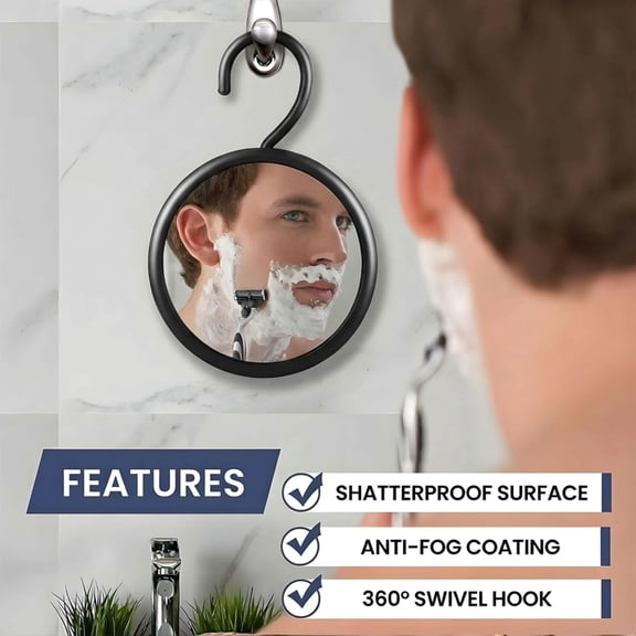 YISIGE-Hangable Round Fogless Shower Shaving Mirror with 360 Swivel Rotatable Hook for Hanging and Bonus Anti-Fog Spray - Anti Fog and Shatterproof Surface, 6.7" Diameter (Black)