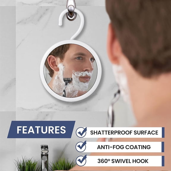 YISIGE-Hangable Round Fogless Shower Shaving Mirror with 360 Swivel Rotatable Hook for Hanging and Bonus Anti-Fog Spray - Anti Fog and Shatterproof Surface, 6.7" Diameter
