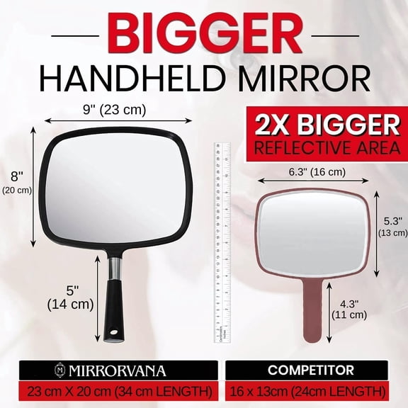 YISIGE-Large Hand Mirror with Comfy Handle - Black Portable Handheld Mirror - 9" x 13"