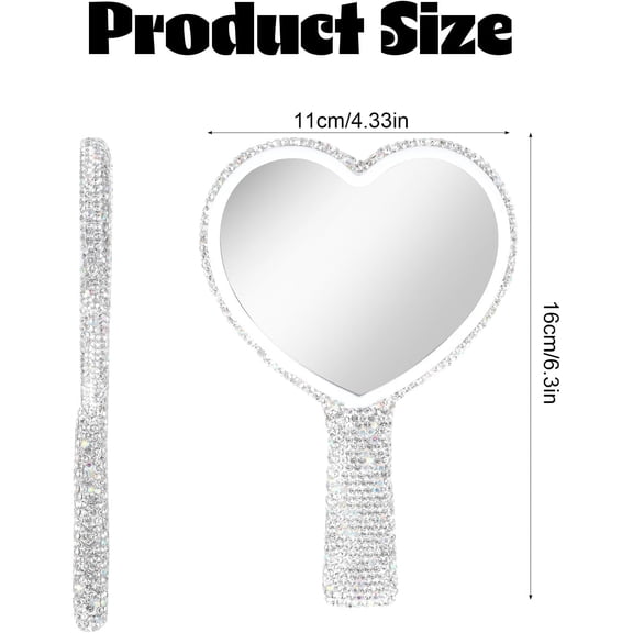 YISIGE-Large Heart Handheld Mirror with Handle 6.3x4.3 Inch Glitter Rhinestone Hand Held Mirror Portable Travel Cosmetic Lash Mirror for Women Wedding Birthday Valentine's Day Gift