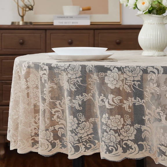 YISIGE-Linen Oval Tablecloth for Rustic Vintage Decor - Sheer Lace Works Great As Wedding, Thanksgiving or Christmas Decor (Mia Oval 72, Linen)