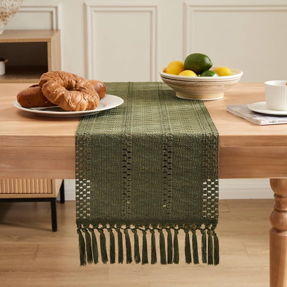 YISIGE-Macrame Style Boho Table Runner, Moss Green Table Runners 48 Inches Long, Farmhouse Woven Home Decor, 12x48 Inch, Moss