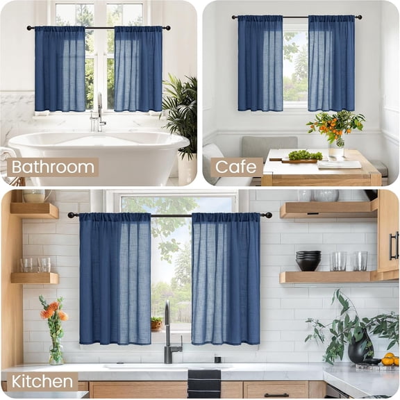 YISIGE-Navy Blue Small Linen Curtains 36 Inch Length for Kitchen Window, Semi Sheer Drapes Lightweight for Bathroom Cafe Decor with Rod Pocket, 2 Panels Set, 30 Inch Wide