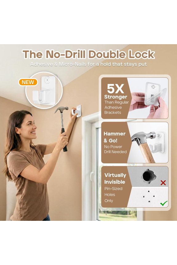 -No-Drill Curtain Rod with Adhesive & Pin-Nail Mount System - Renter Friendly & Minimal Wall Damage, 5/8" Diameter White Adjustable Rod for Windows 28 to 48 Inch