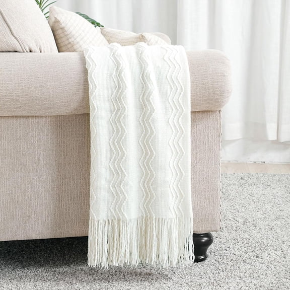 YISIGE-Off White Throw Blanket 50x60 Inches Throw Textured Solid Soft Sofa Couch Decorative Knit Blanket