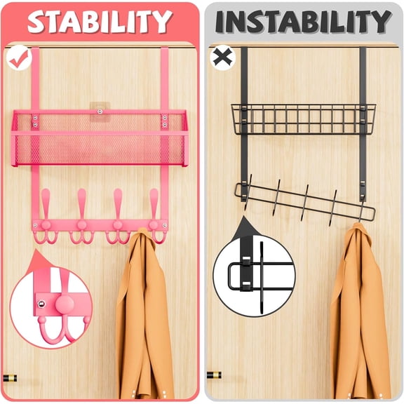 YISIGE-Over The Door Hooks Organizer, Coat Rack Over The Door Storage Hanger Towel Rack, Back of Door Storage Organizer for Bathroom,Bedroom,Kitchen,Office (Pink, 2-Tier)