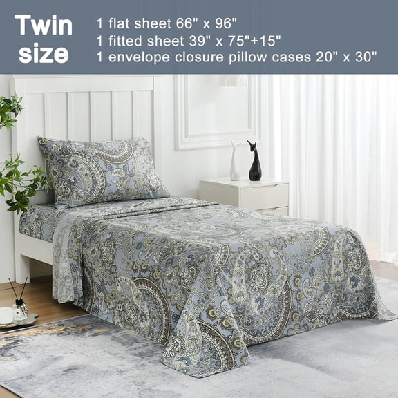 YISIGE-Paisley Sheet Set Twin Size, 3 Piece Retro Pattern Microfiber Bedding Sheets Extra Deep Pocket
