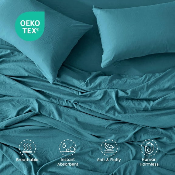 YISIGE-Queen Sheet Set - Bed Sheets for Queen Size Bed Set - Washed Microfiber - 4 Piece Hotel Luxury Bedding Sheets with Fitted Sheet, Flat Sheet & 2 Pillowcases - Deep Pocket (Teal)