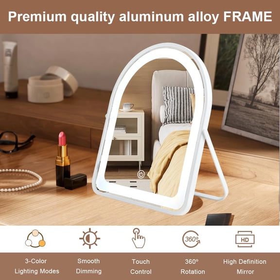 YISIGE-Rechargeable Vanity Mirror with Lights,10"7.8" Arched LED Makeup Mirror with Lights, Smart Touch Control Dimmable 3 Modes Light up Mirror for Dorm Desk Dressing Room,Gift for Women