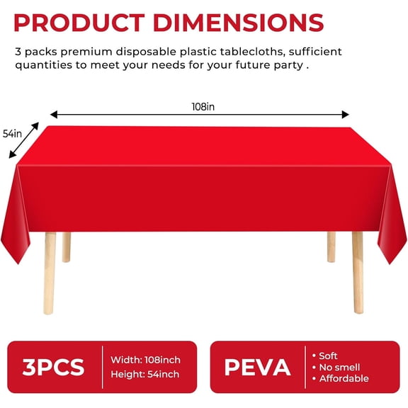 YISIGE-Red Disposable Plastic Tablecloth, 3 Pack Table Cloths Disposable for Indoor or Outdoor Birthdays Christmas Buffet Table-54" x 108" (Red, 3 Pack)