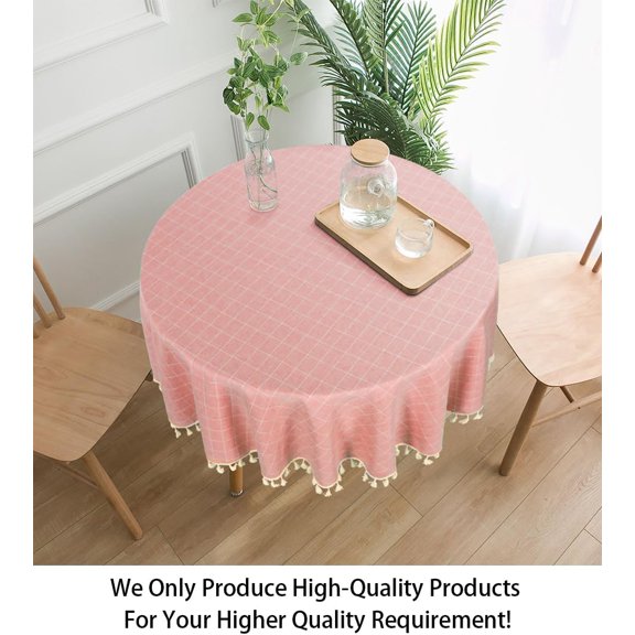YISIGE-Round Tablecloth - Cotton Linen Table Cover - Wrinkle Free Dust-Proof - Buffalo Check - Holiday Table Linen - 55" - Blush Embroidery Tassel - For Home Kitchen Dining