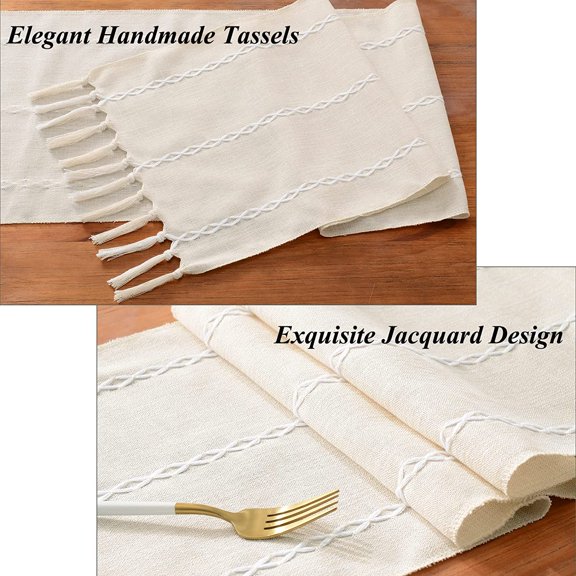 YISIGE-Rustic Linen Table Runner Farmhouse Style Table Runners 108 inches Long Embroidered Table Runner with Hand-Tassels for Party, Dresser Decor and Dining Room Decorations (Ivory, 13"108")