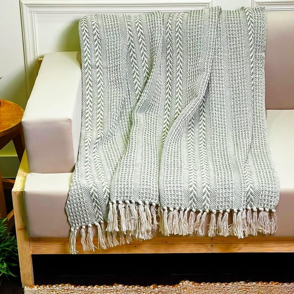 YISIGE-- Sage Green & Ivory Braided Waffle Weave Throw, 50x60 in Recycled Cotton- Large, Wearable, Breathable, Skin-Friendly Everyday Blanket for Couch, Bed, Sofa - Soft Lightweight Picnic Rug