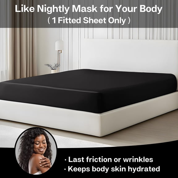 YISIGE-Satin Fitted Sheet Queen Size, Silky Bottom Sheet with Elastic Corner Straps, Deep Pocket up to 15 Inch, No More Slipping Off for Mattress - 1 Fitted Sheet Only (Black)