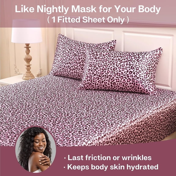 YISIGE-Satin Fitted Sheet Twin XL Size, Silky Bottom Sheet with Elastic Corner Straps, Deep Pocket up to 15 Inch, No More Slipping Off for Mattress - 1 Fitted Sheet Only (Pink Leopard)